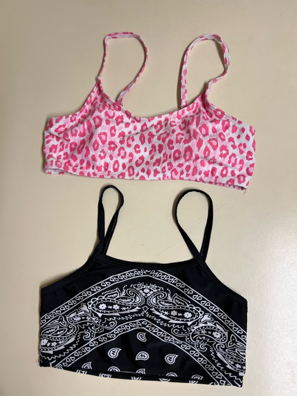 Lot of 2 Shein Pink Leopard Print/Black Handkerchief Bikini Tops Size 11/12 VGUC